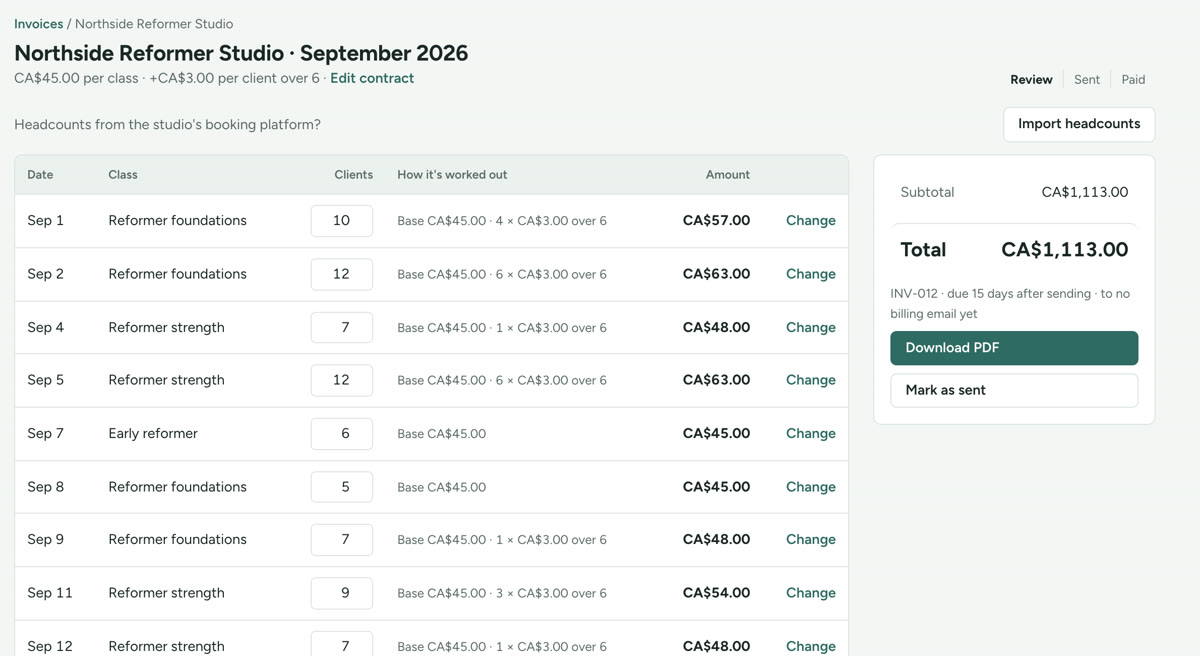 A monthly invoice for a studio, worked out from headcounts and pay rules